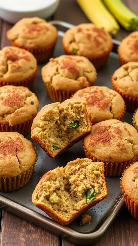 Greek Yogurt Zucchini Bread Muffins Recipe Golden zucchini bread muffins with green flecks, arranged on a wooden table with a bowl of Greek yogurt.